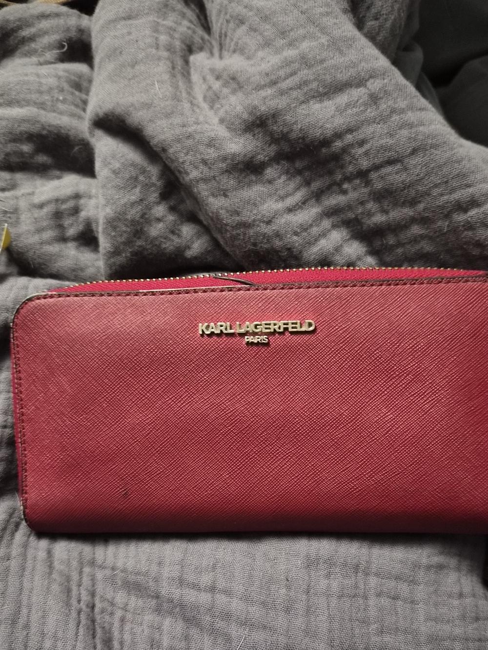 Karl Lagerfeld Burgundy Saffiano Zip-Around Wallet with Gold Logo